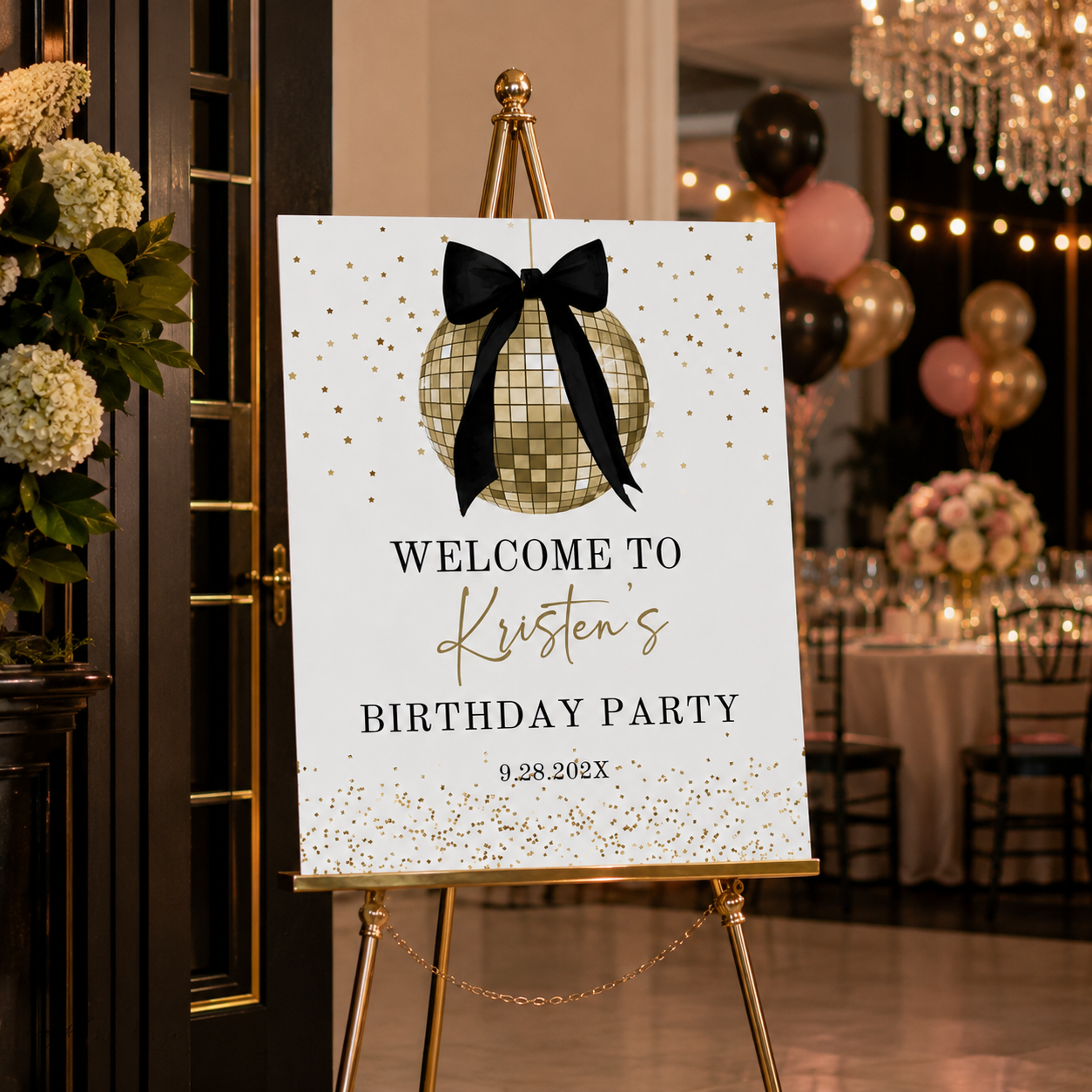 Elegant Disco Ball Birthday Welcome Sign | Black & Gold Coquette Bow Party Decor displayed at a birthday party entrance.