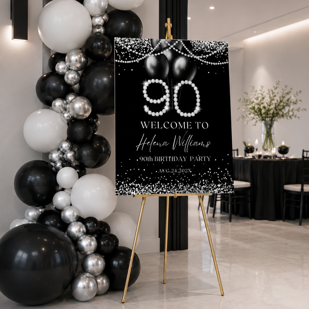 Elegant Modern 90th Birthday Welcome Sign Template with black, silver, and diamond design for celebration.