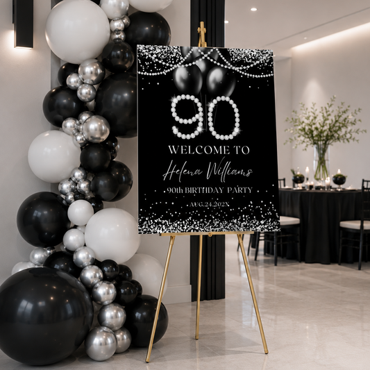 Elegant Modern 90th Birthday Welcome Sign Template with black, silver, and diamond design for celebration.