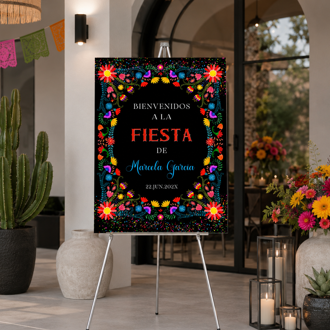 Spanish Fiesta Birthday Party Welcome Sign Template with colorful floral design and festive details