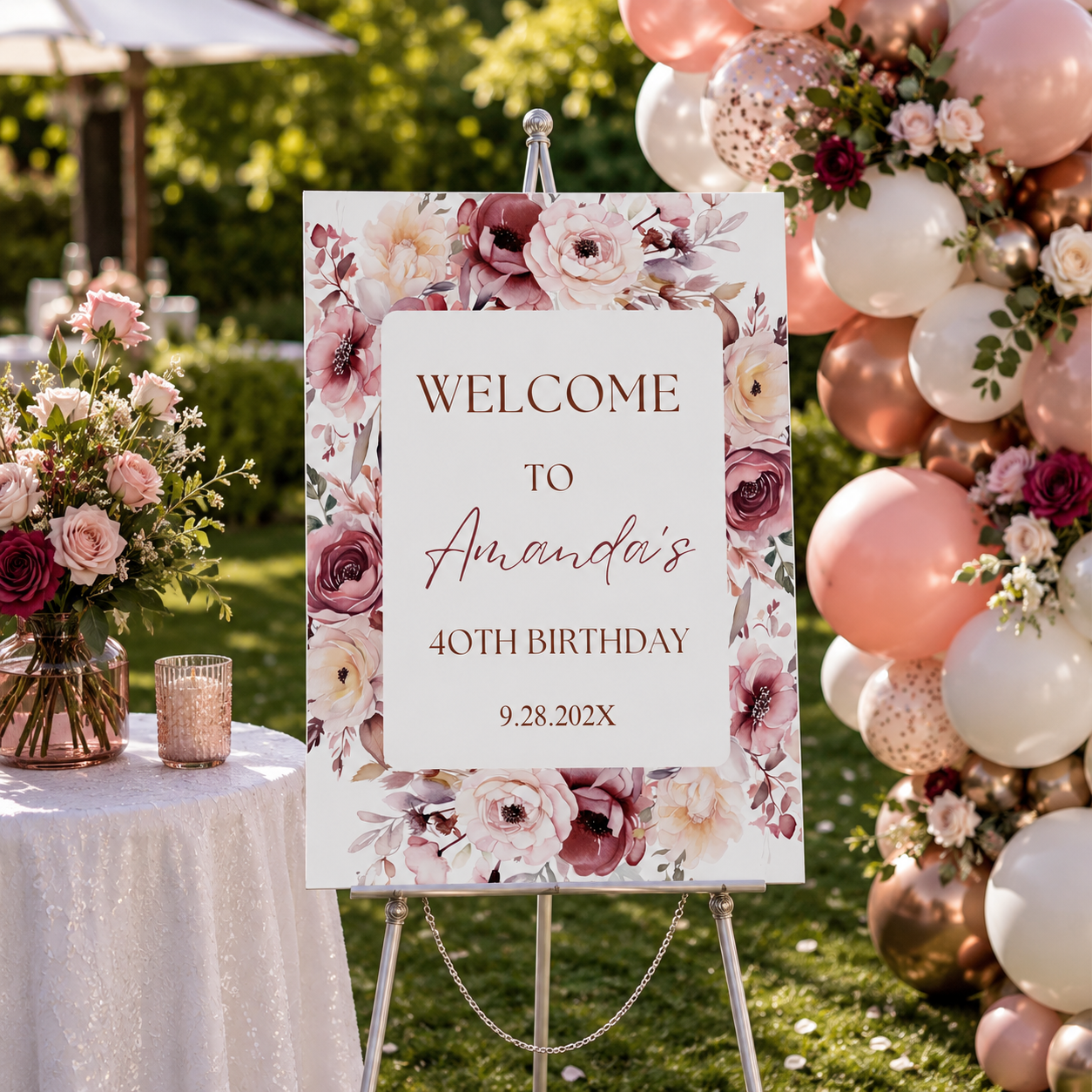 Burgundy & Blush Pink Birthday Party Entrance Sign with floral design for Amanda's 40th birthday celebration.