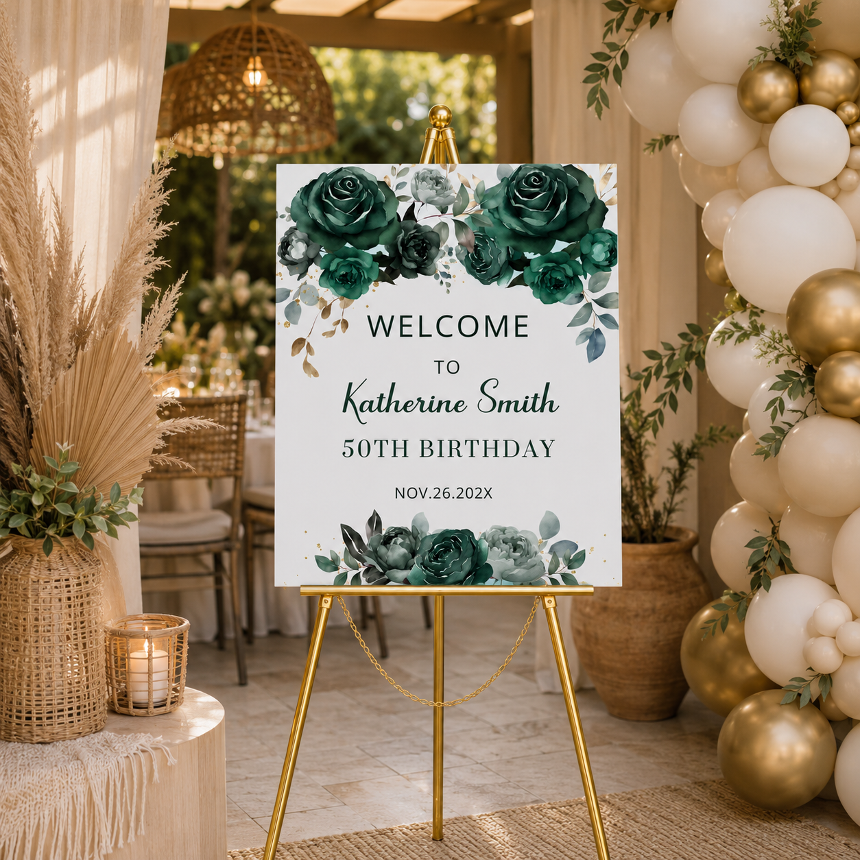 Emerald Green Floral Birthday Welcome Sign for Katherine Smith's 50th birthday celebration at elegant event.