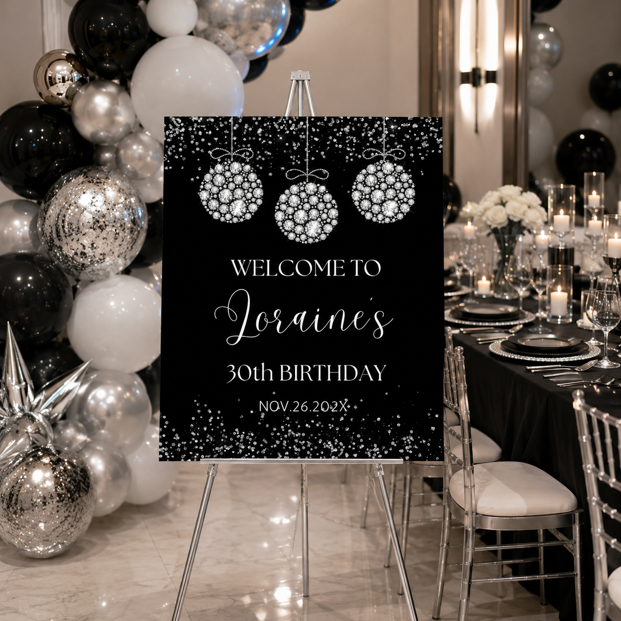 Editable Silver Diamonds Birthday Party Welcome Sign Template featuring elegant design and sparkly ornaments for a birthday celebration.