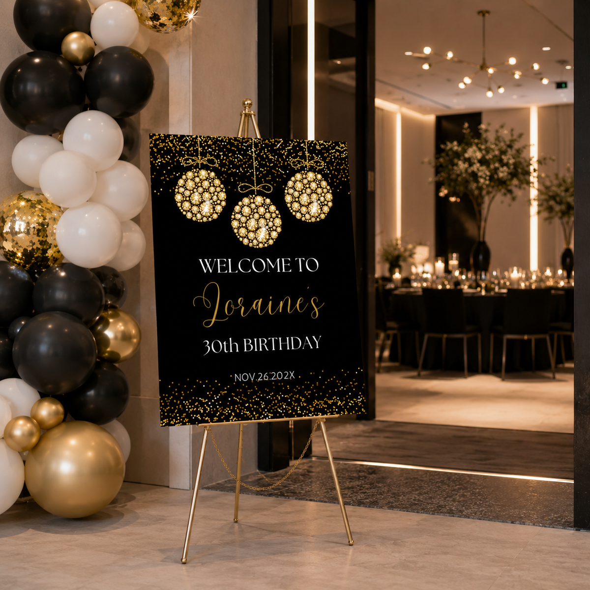 Elegant Gold Diamonds Welcome Sign Template for Loraine's 30th birthday celebration, featuring glam gold accents on a black background.