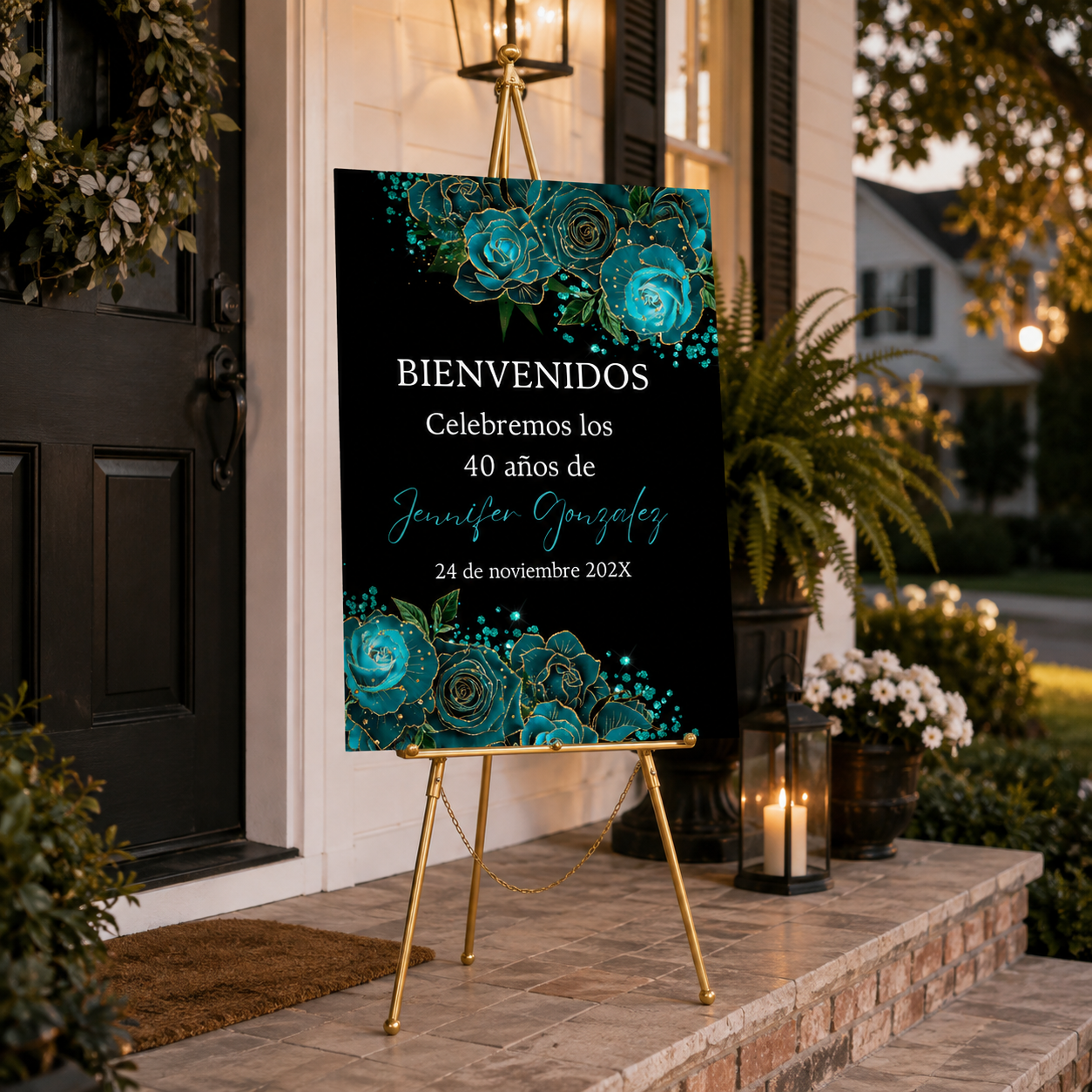 Spanish Teal Birthday Welcome Sign Template featuring teal flowers and gold accents on an elegant welcome sign.