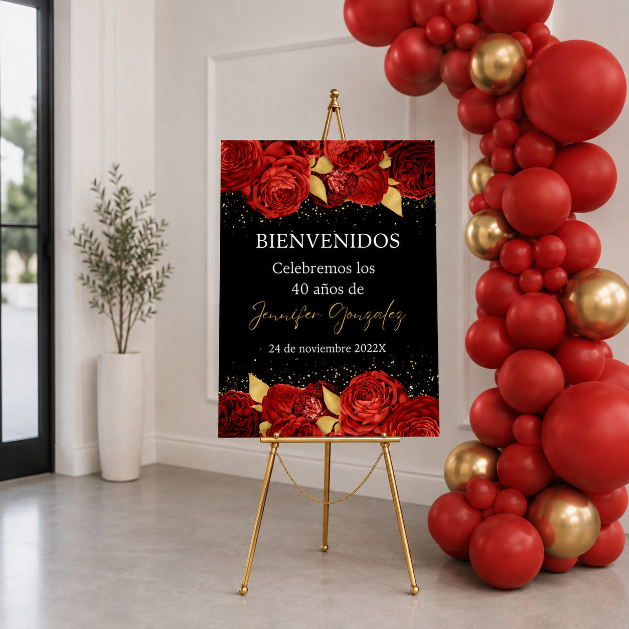 Red & Gold Floral Spanish Birthday Party Welcome Sign featuring elegant roses with black background for milestone celebrations.