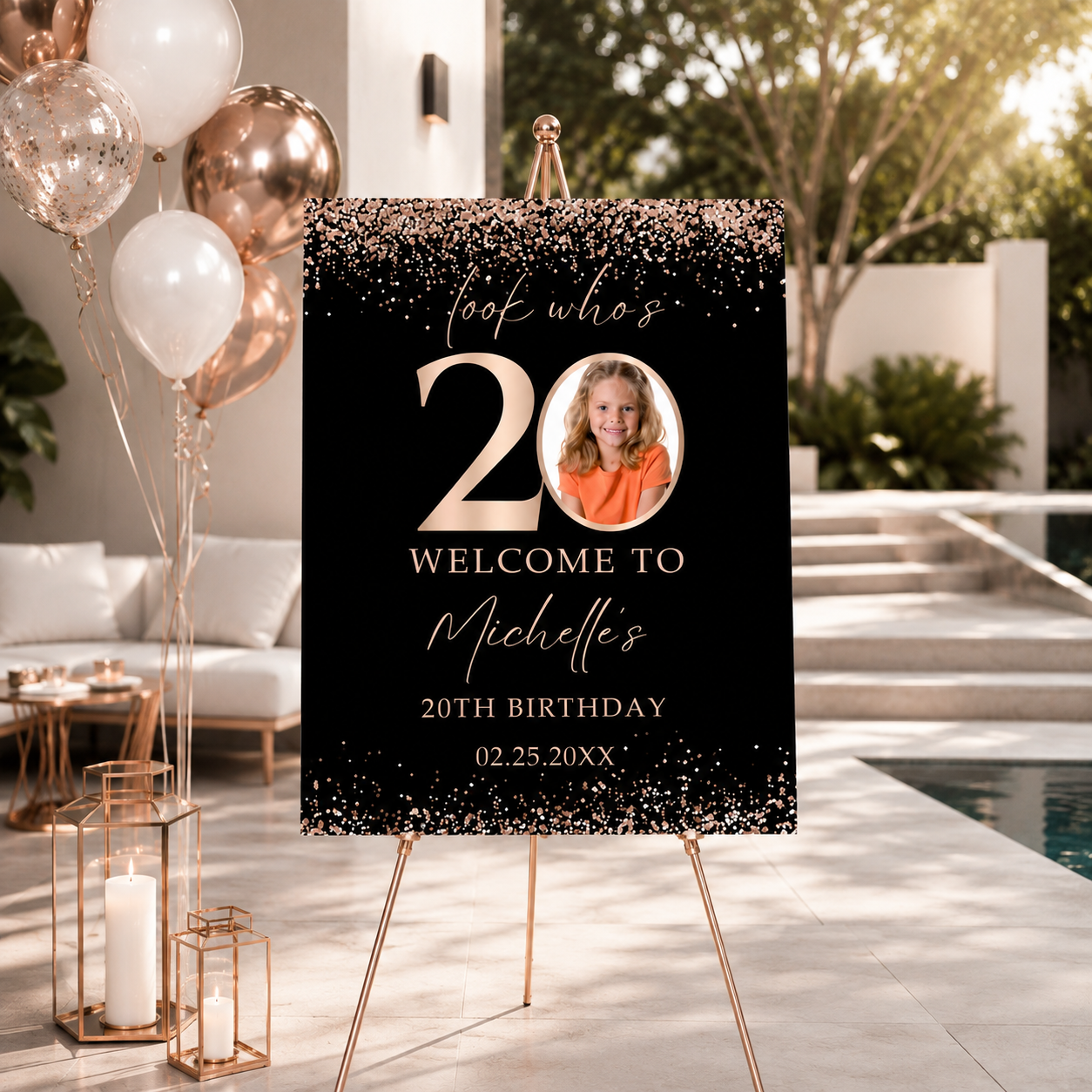 Editable Look Who’s 20 Photo Birthday Poster displayed at a stylish outdoor party with black and rose gold decor.