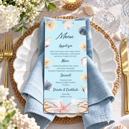Editable Summer Coastal Beach Menu Card Template displayed elegantly on a dinner table, surrounded by coastal-themed decor.