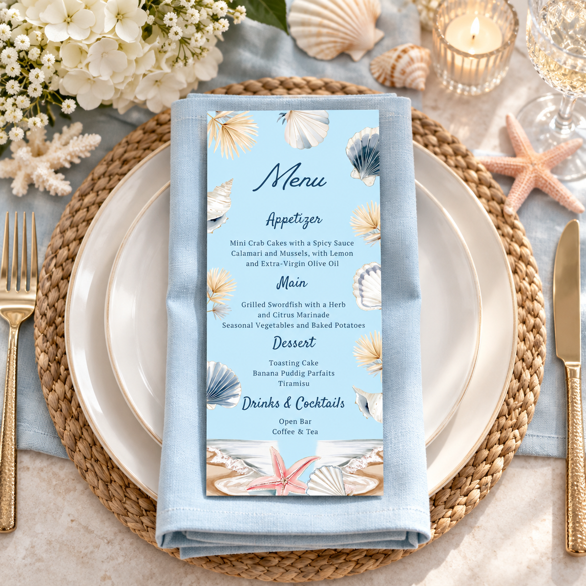Editable Summer Coastal Beach Menu Card Template on a stylish table setting with beach-themed decor.