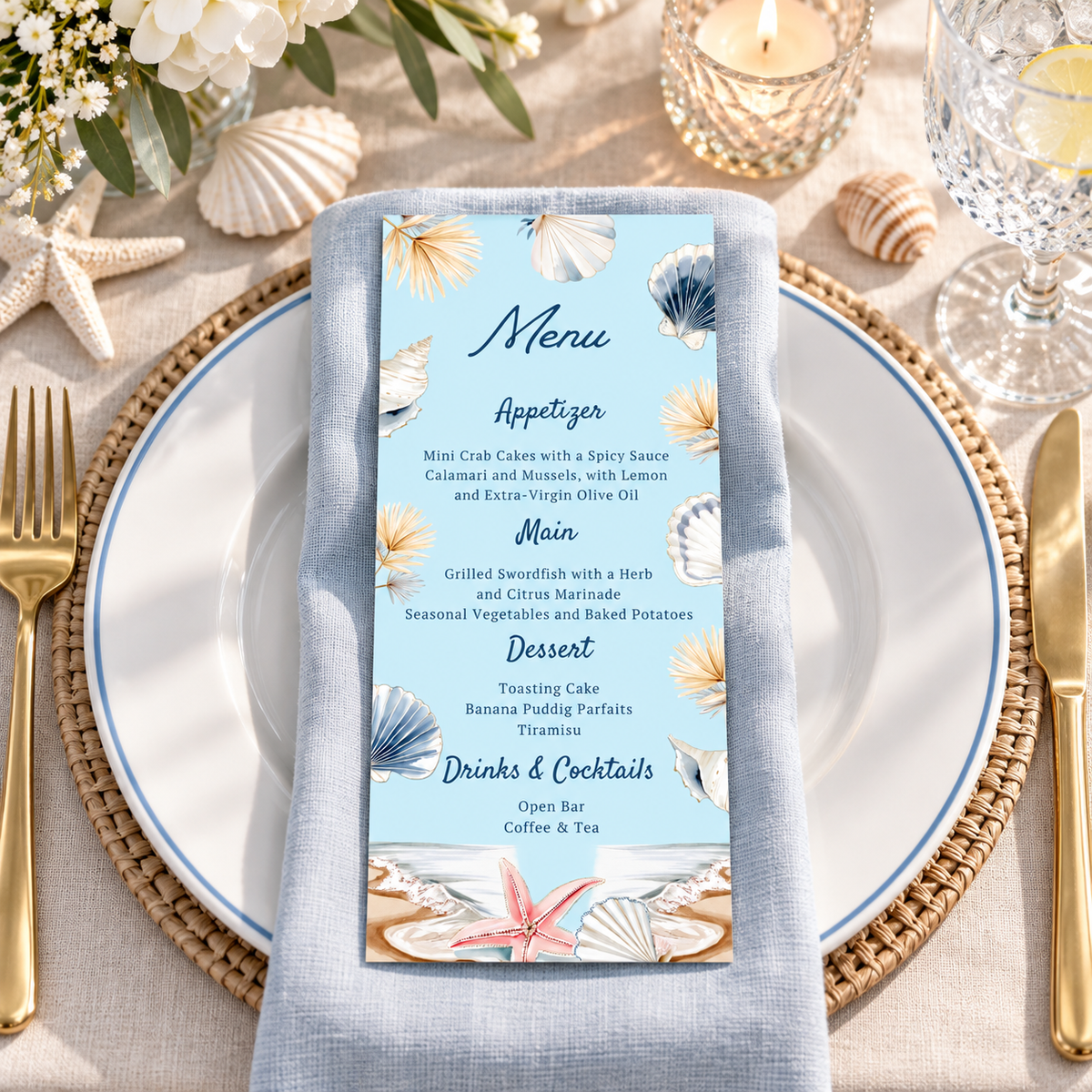 Editable Summer Coastal Beach Menu Card Template featuring seafood dishes and a beach shell design.
