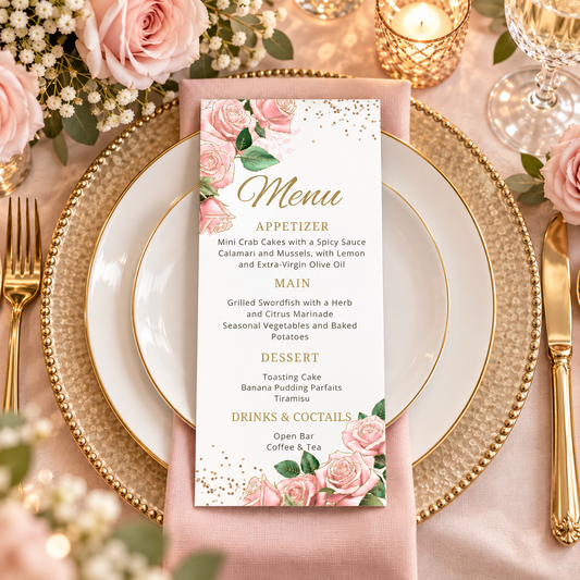 Editable Chic Pink and Gold Roses Menu Card Template