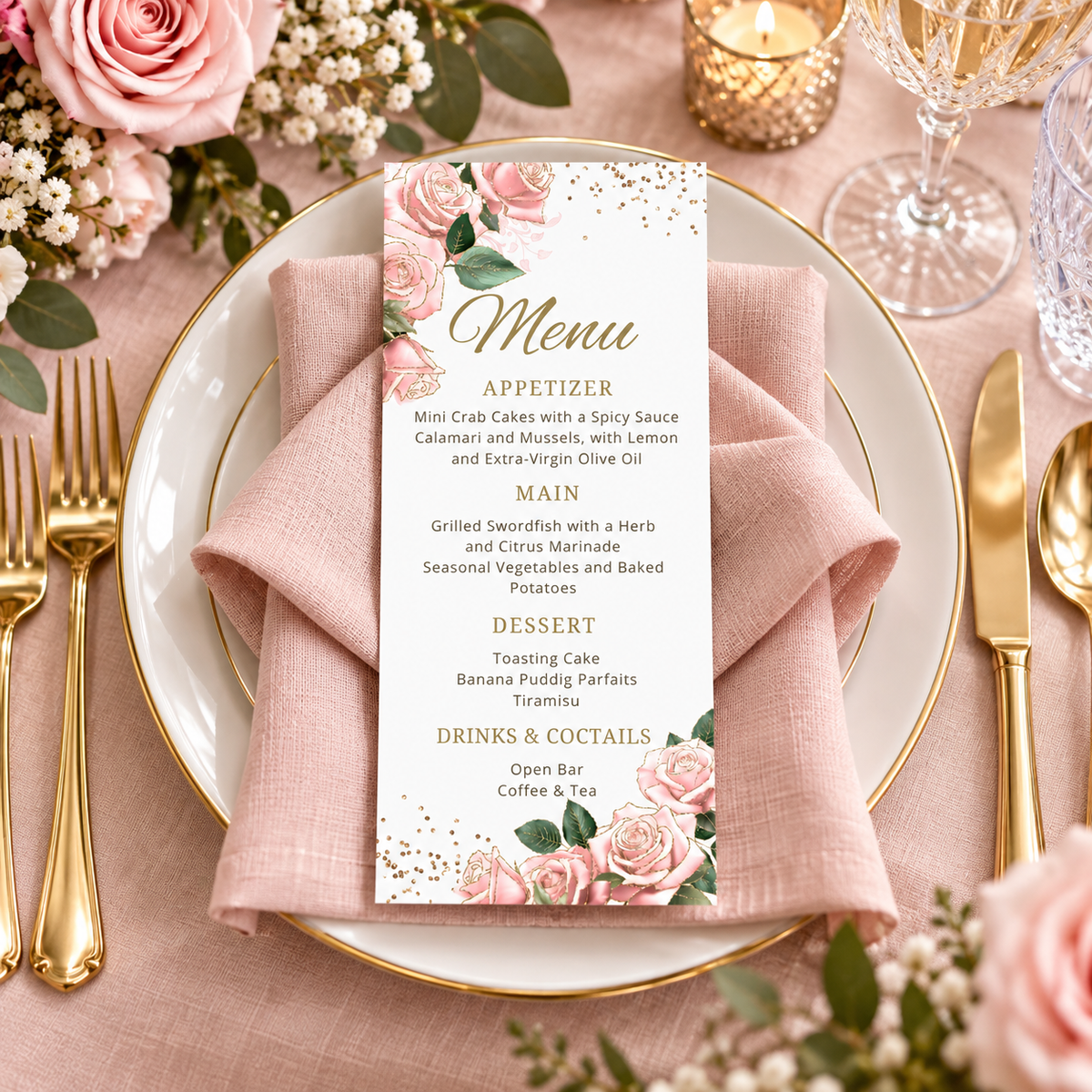Editable Chic Pink and Gold Roses Menu Card Template