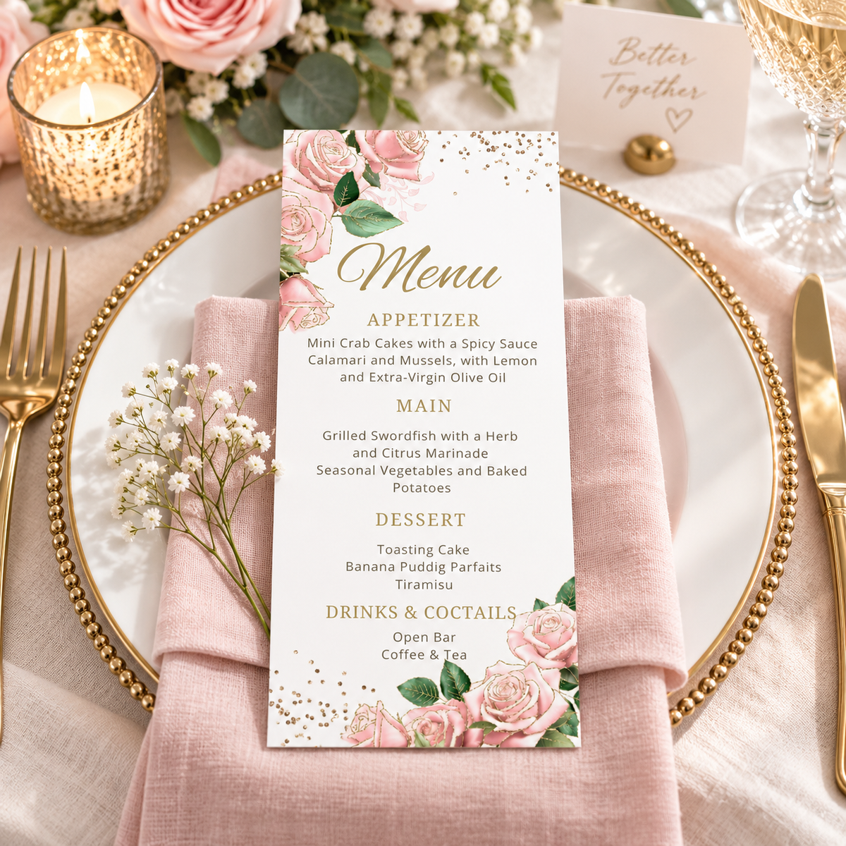 Editable Chic Pink and Gold Roses Menu Card Template