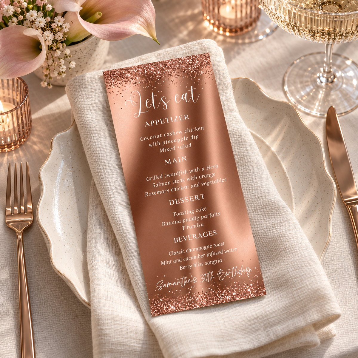 Editable Rose Gold Menu Template displayed on an elegant table setting with flowers and glassware.