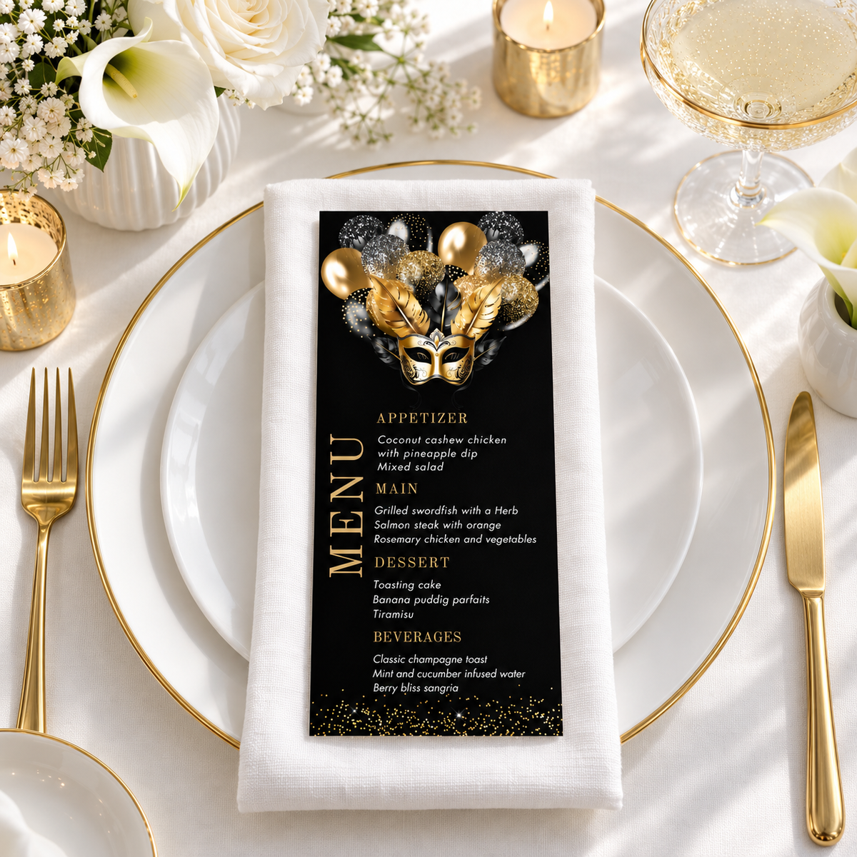 Elegant Black and Gold Masquerade Party Menu Card Template displayed on a table setting with elegant decor.