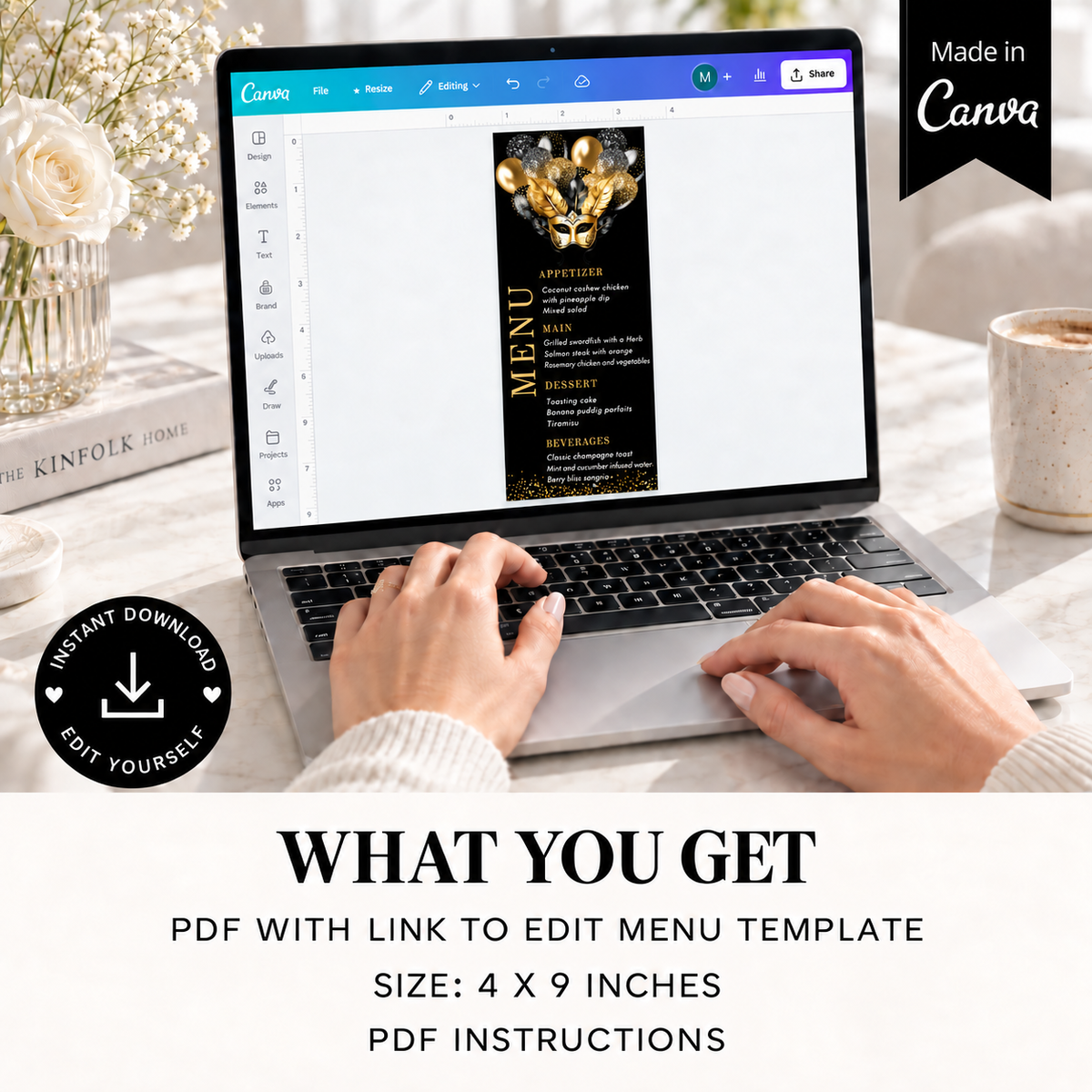 Elegant Black and Gold Masquerade Party Menu Card Template displayed on laptop, showcasing editable PDF menu design.