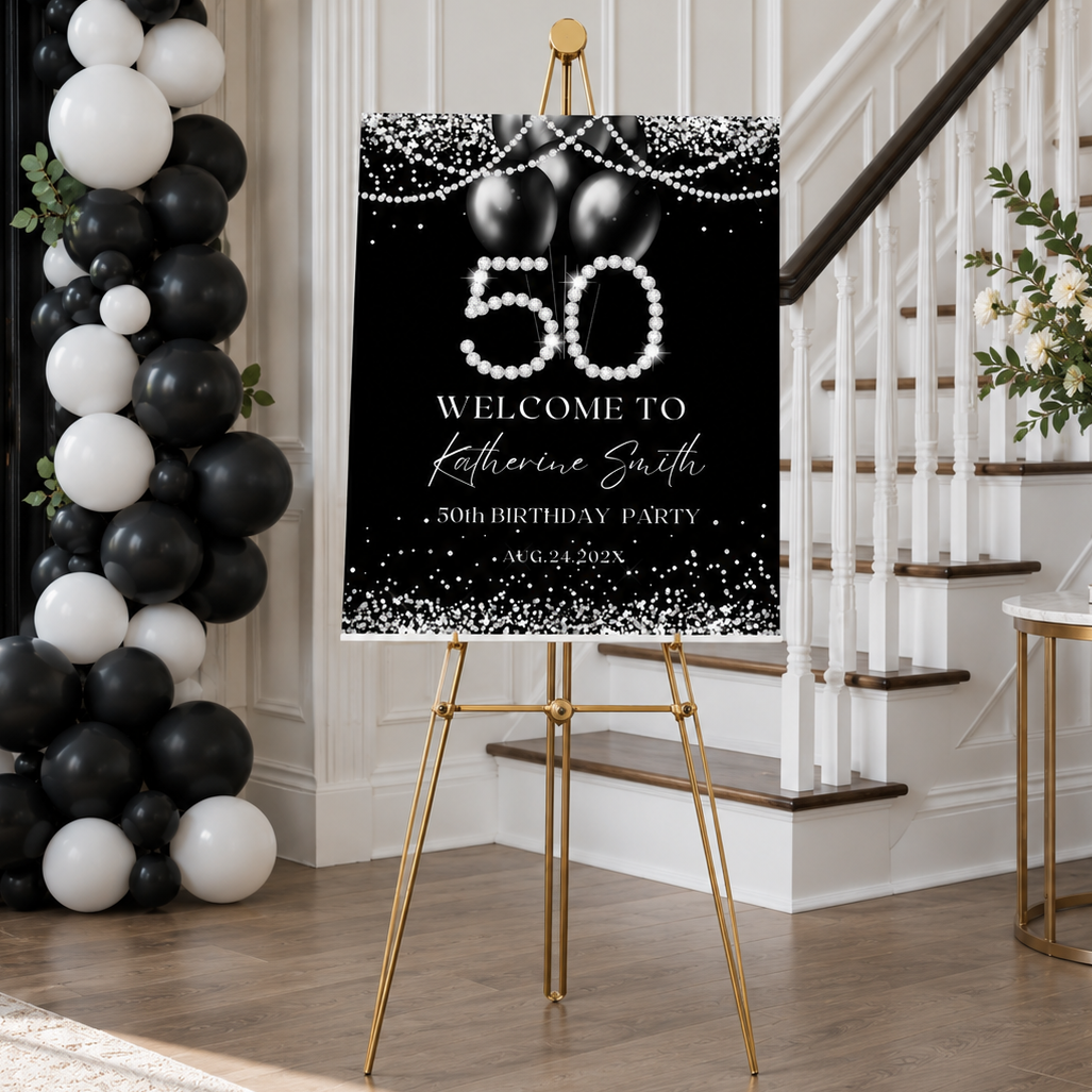 Elegant Silver Diamond 50th Birthday Welcome Sign