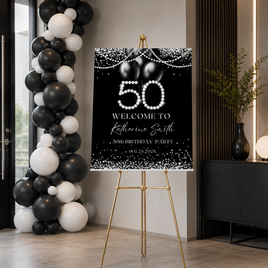 Elegant Silver Diamond 50th Birthday Welcome Sign