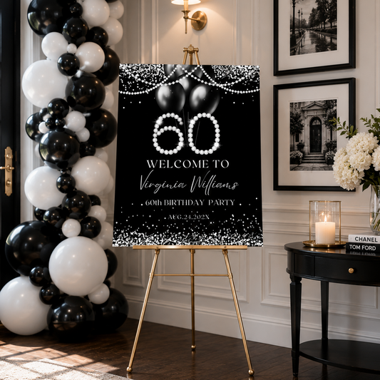 Elegant Silver Diamond 60th Birthday Welcome Sign