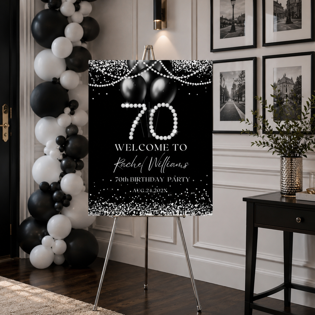 Black and Silver Diamonds 70th Birthday Party Welcome Sign