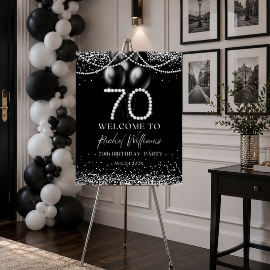 Black and Silver Diamonds 70th Birthday Party Welcome Sign