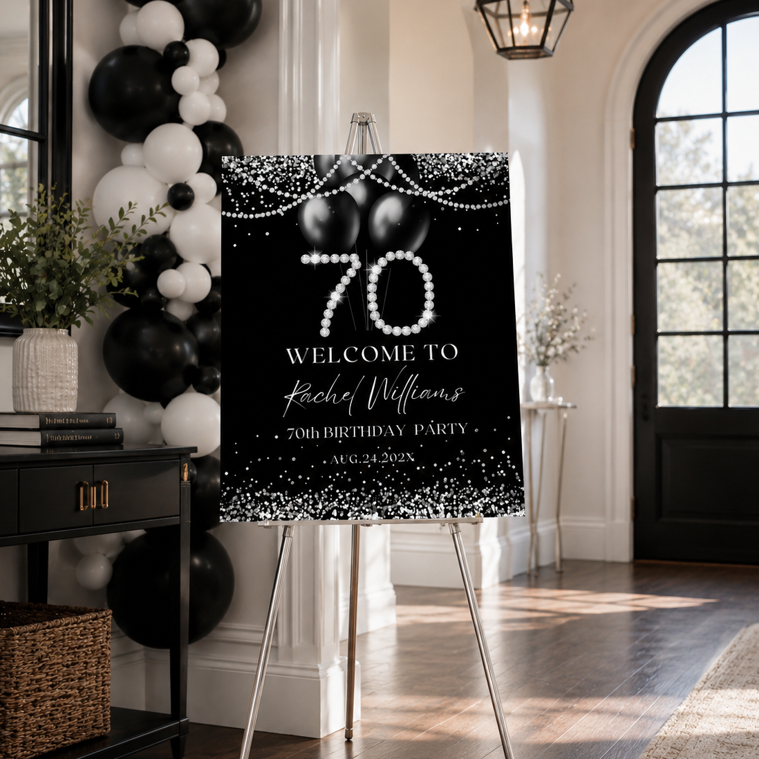 Black and Silver Diamonds 70th Birthday Party Welcome Sign