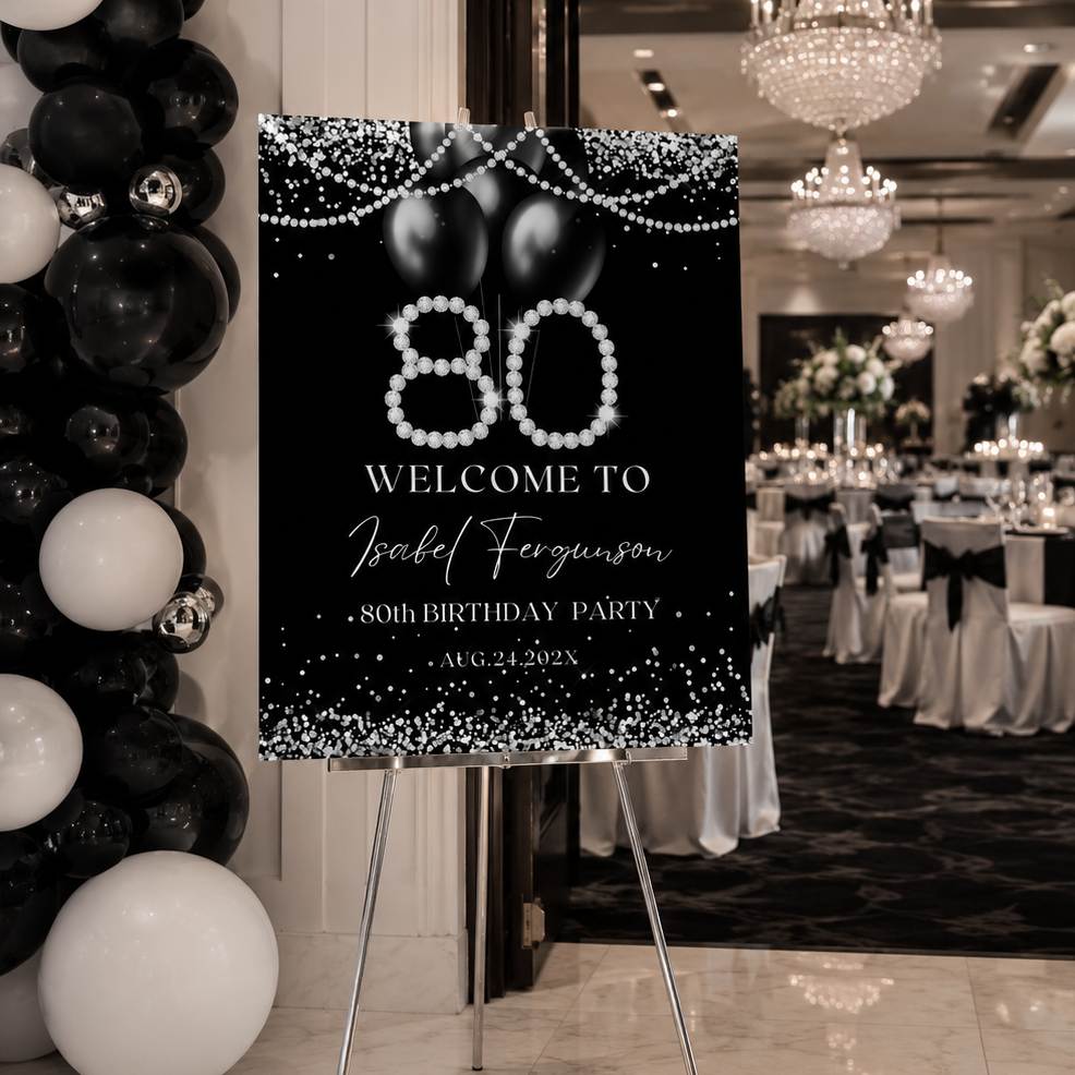 Elegant 80th Birthday Welcome Sign Template featuring black and silver diamond design for milestone celebration.