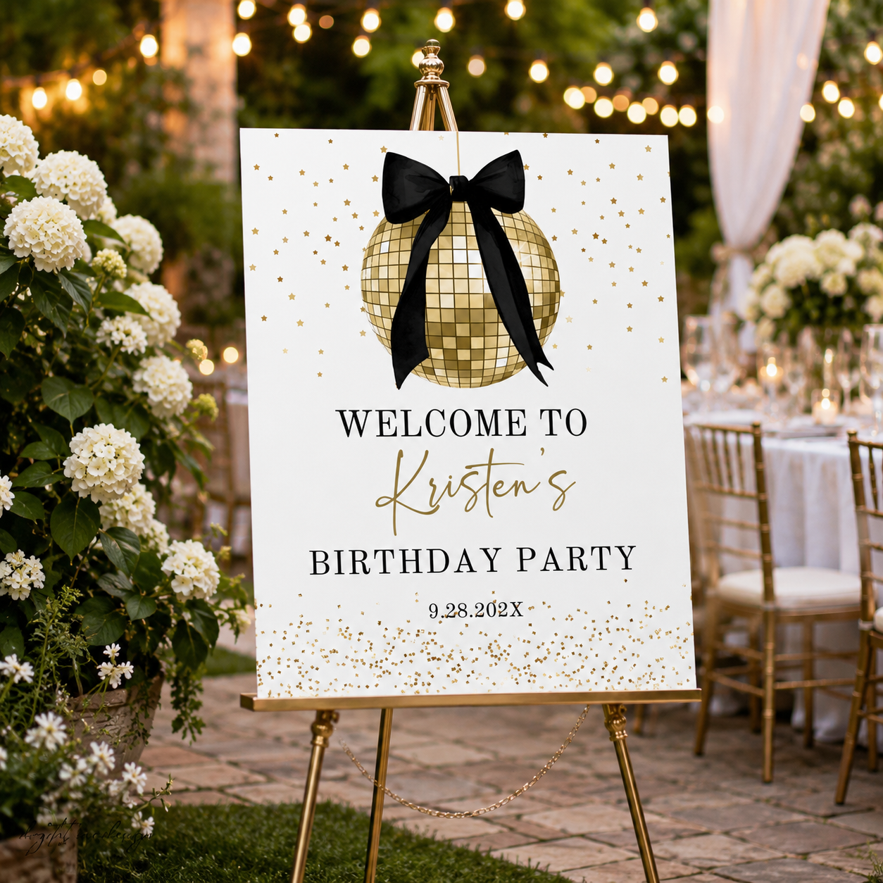 Elegant Disco Ball Birthday Welcome Sign | Black & Gold Coquette Bow Party Decor displayed at an outdoor birthday party.