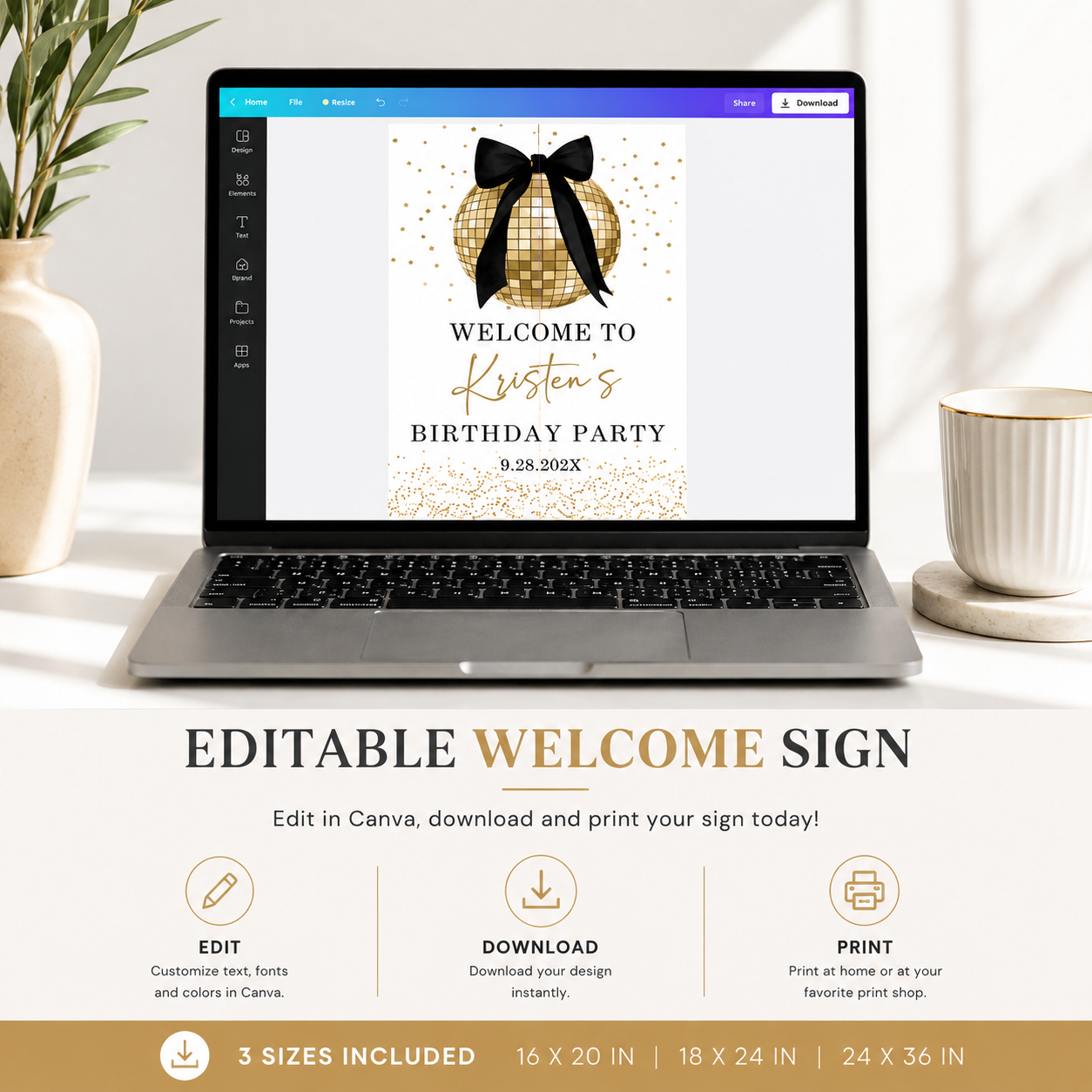 Elegant Disco Ball Birthday Welcome Sign | Black & Gold Coquette Bow Party Decor displayed on a laptop with editable features.