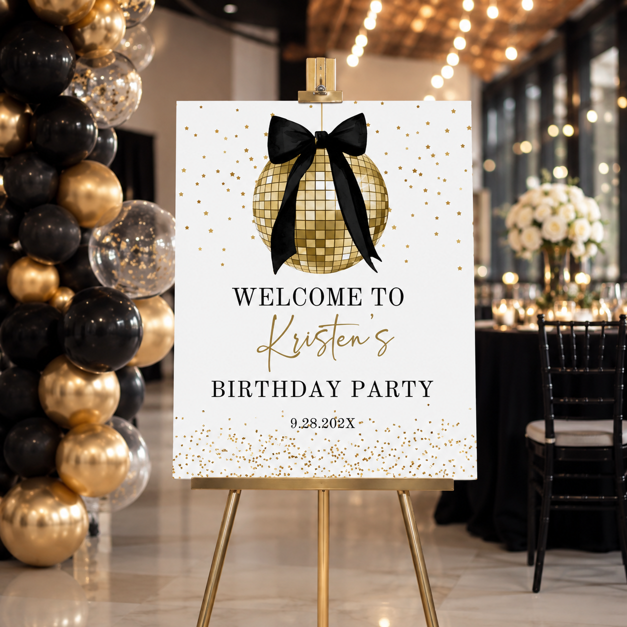 Elegant Disco Ball Birthday Welcome Sign | Black & Gold Coquette Bow Party Decor displayed at a glamorous birthday party.