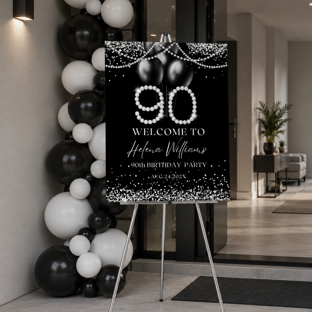 Elegant Modern 90th Birthday Welcome Sign Template featuring sparkling design and balloons for a sophisticated celebration.