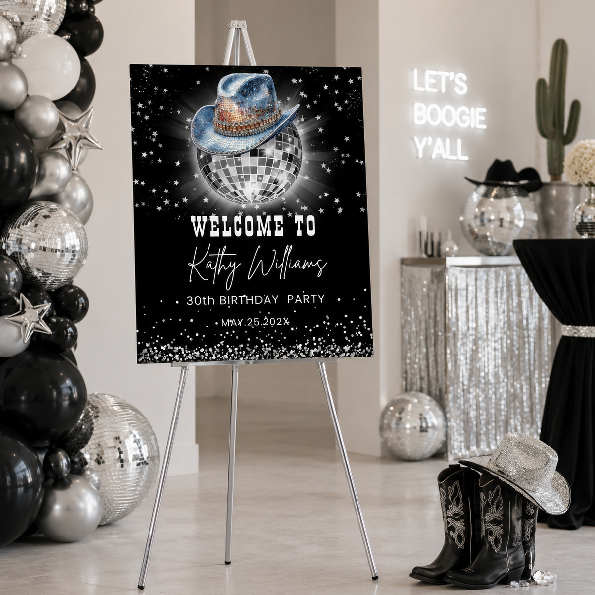 Disco Ball Rodeo Western Birthday party Welcome Sign for Kathy Williams' 30th Birthday Party