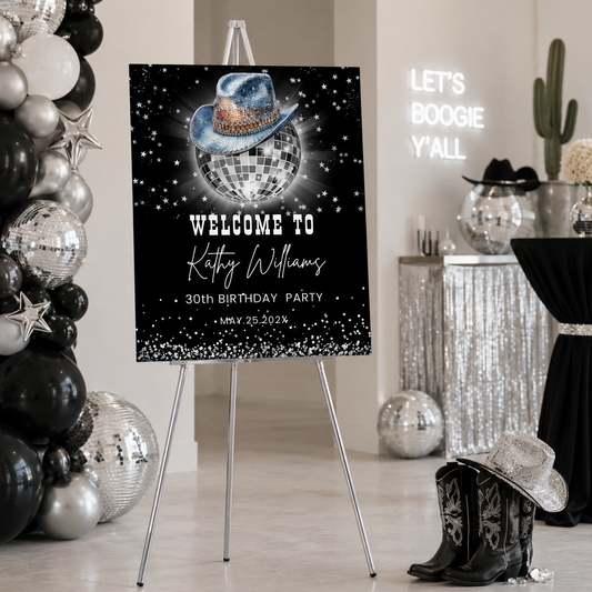 Disco Ball Rodeo Western Birthday party Welcome Sign for Kathy Williams' 30th Birthday Party