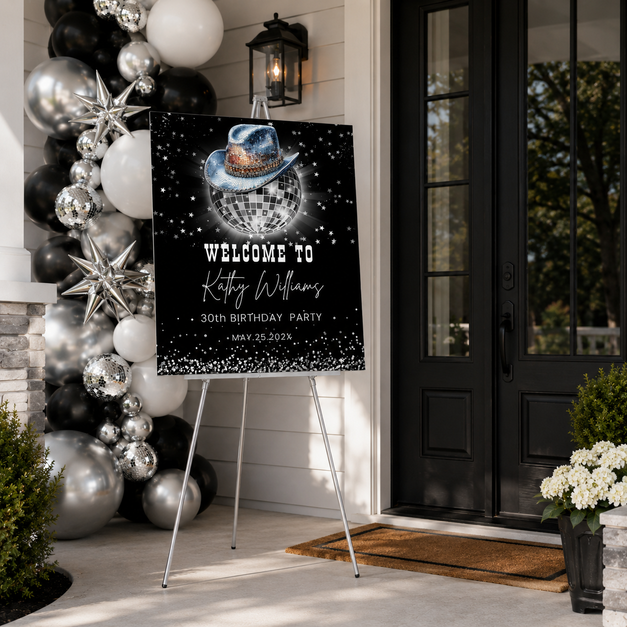Disco Ball Rodeo Western Birthday party Welcome Sign at an entrance with festive decor.