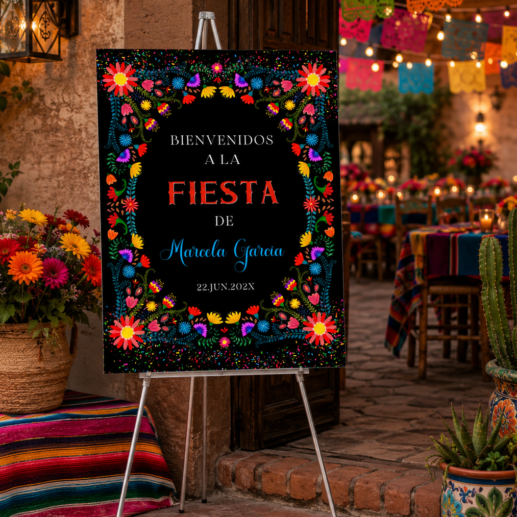 Spanish Fiesta Birthday Party Welcome Sign Template with vibrant floral design and festive details
