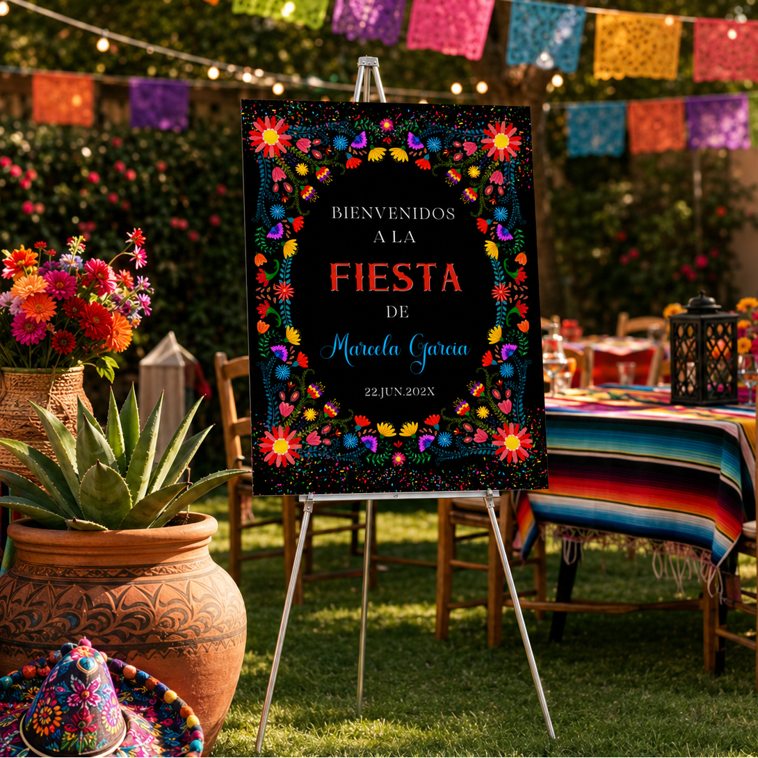 Spanish Fiesta Birthday Party Welcome Sign Template featuring festive floral design and vibrant typography.