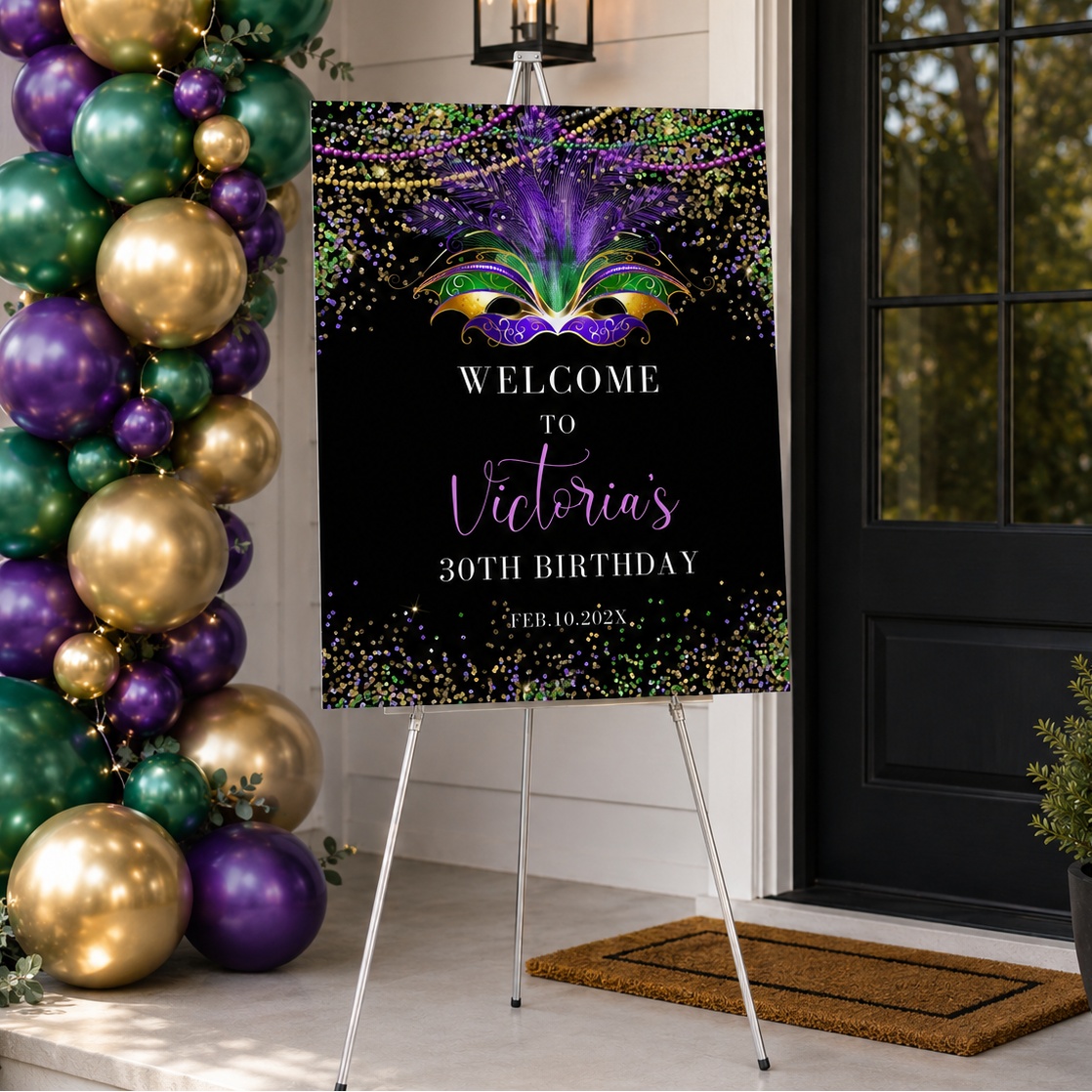 Editable Mardi Gras Theme Welcome Sign Birthday Party Decor featuring vibrant colors for a festive celebration.