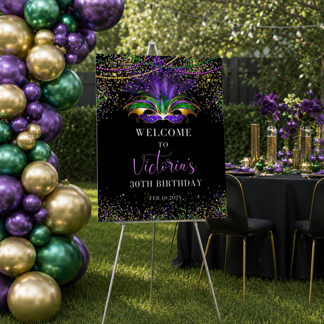 Editable Mardi Gras Theme Welcome Sign Birthday Party Decor displayed at an outdoor birthday celebration.