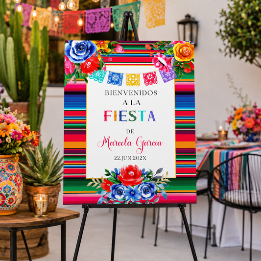 Spanish Mexican Fiesta Birthday Welcome Sign featuring vibrant colors and traditional designs for festive celebrations.