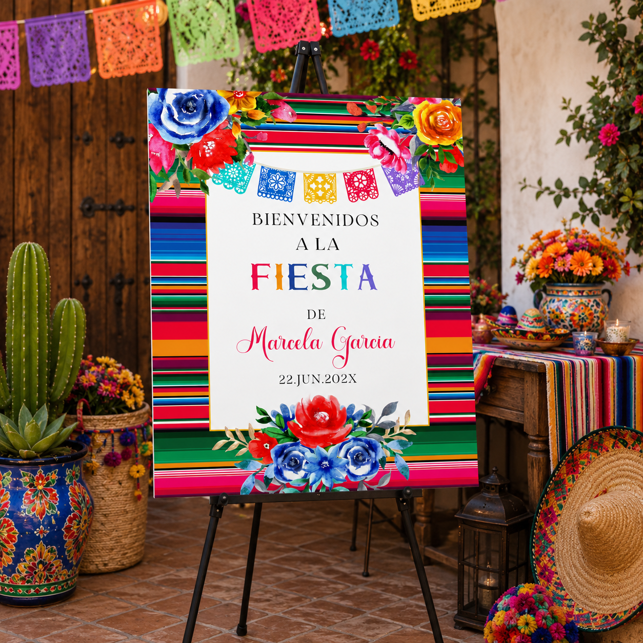 Spanish Mexican Fiesta Birthday Welcome Sign for vibrant celebrations featuring colorful traditional designs.