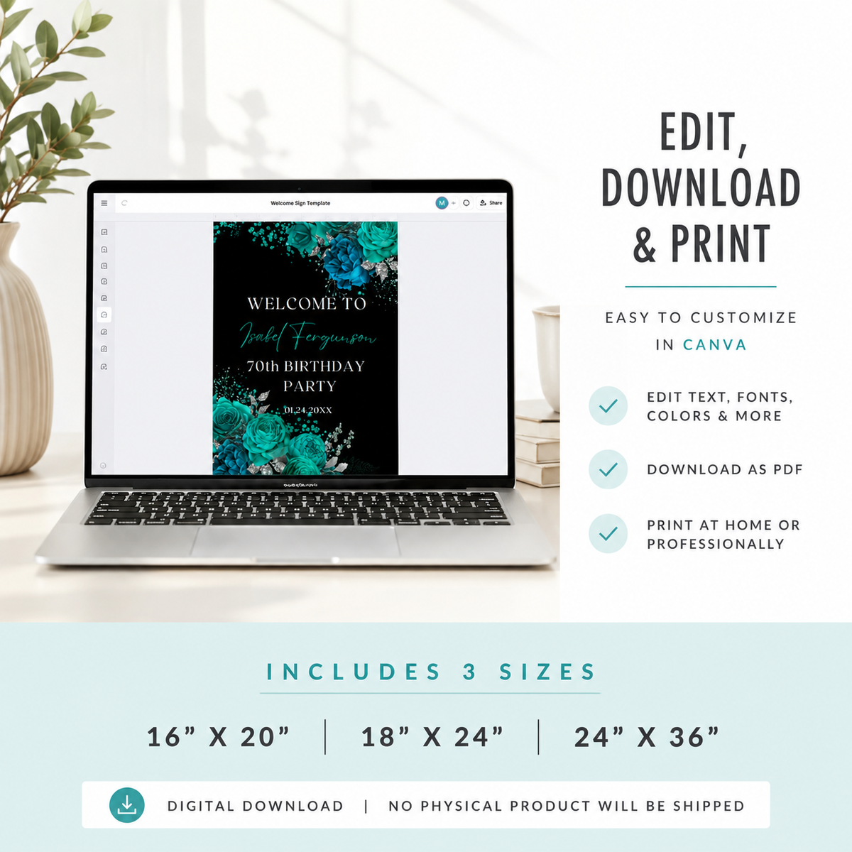 Elegant Teal and Silver Floral Birthday Party Welcome Sign template displayed on a laptop, customizable and printable.