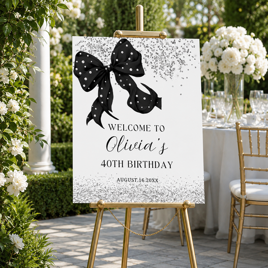 Elegant Coquette Black Bow and Pearls Welcome Sign Template featuring a black bow for Olivia's 40th birthday celebration.