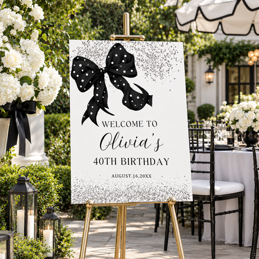 Elegant Coquette Black Bow and Pearls Welcome Sign Template for Olivia's 40th birthday celebration.