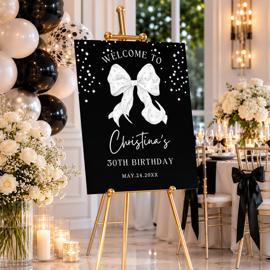 Elegant Coquette White Bow Diamonds Welcome Sign Template displayed at a chic birthday celebration.