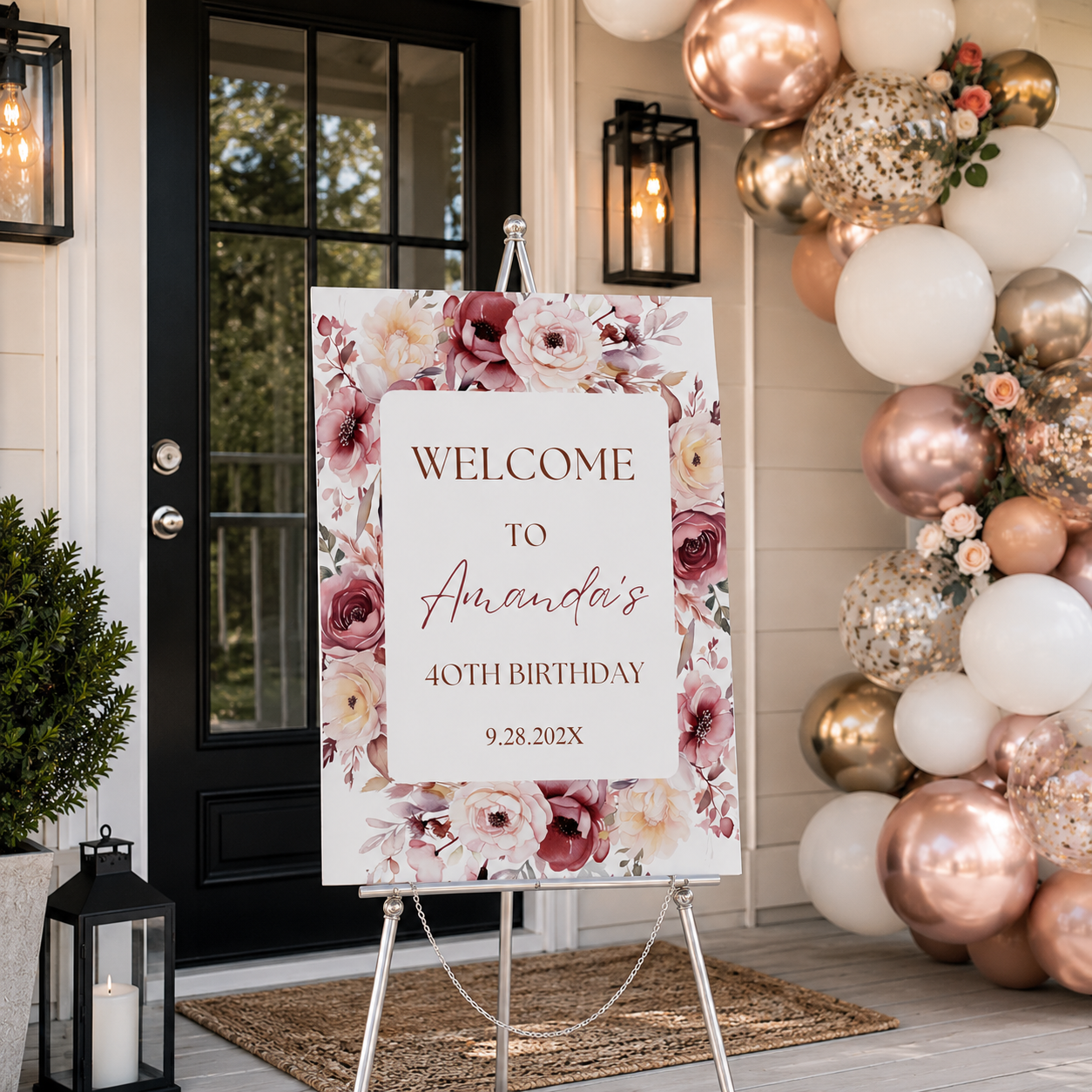 Burgundy & Blush Pink Birthday Party Entrance Sign featuring floral design for Amanda's 40th birthday celebration