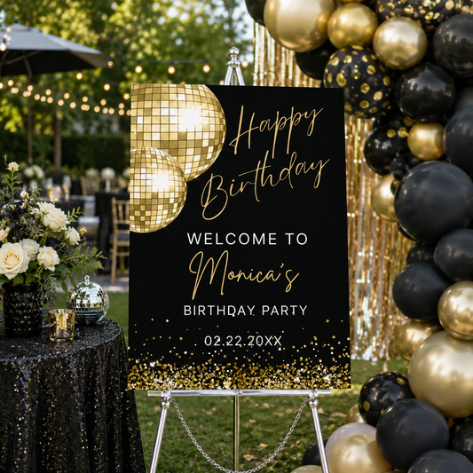 Retro Gold Disco Ball Birthday Welcome Sign
