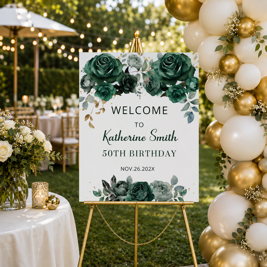Emerald Green Floral Birthday Welcome Sign at outdoor party with roses and gold accents