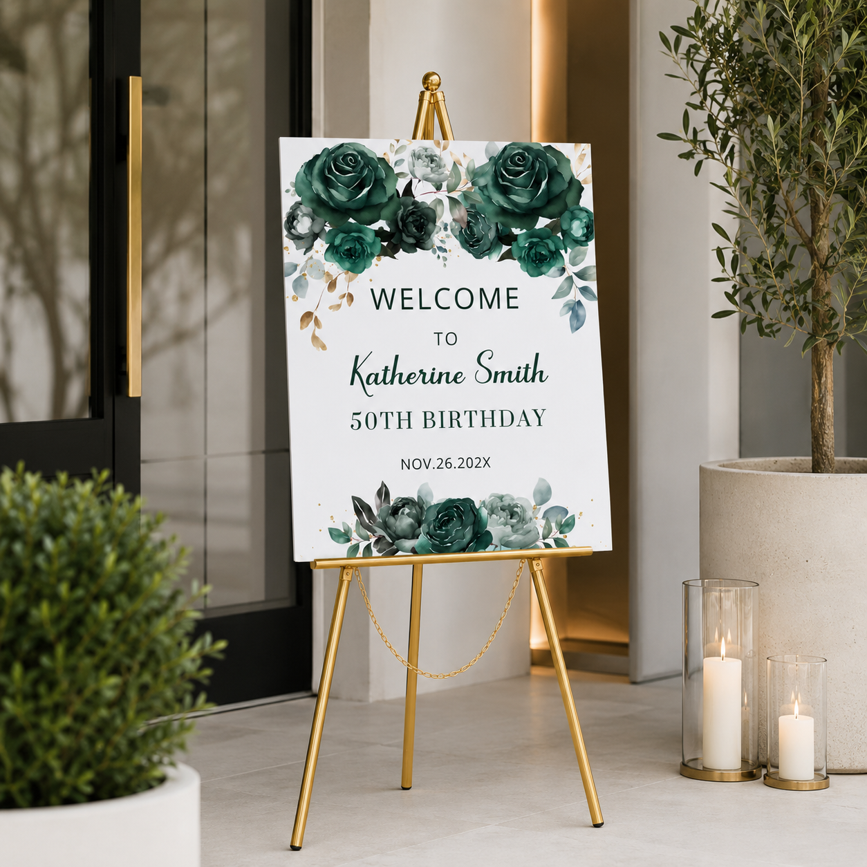 Emerald Green Floral Birthday Welcome Sign displayed outside with elegant gold accents and personalized details.