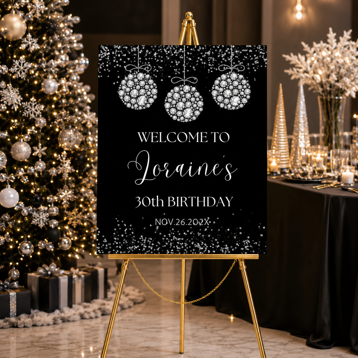 Editable Silver Diamonds Birthday Party Welcome Sign Template with glamorous decorations for a birthday celebration.