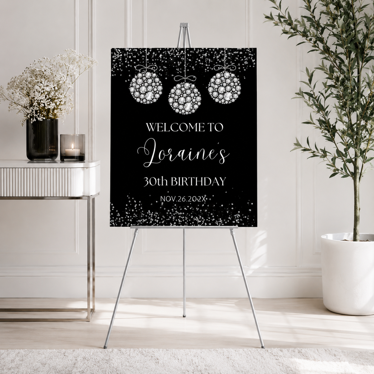 Editable Silver Diamonds Birthday Party Welcome Sign Template showcasing a 30th birthday celebration with elegant design.